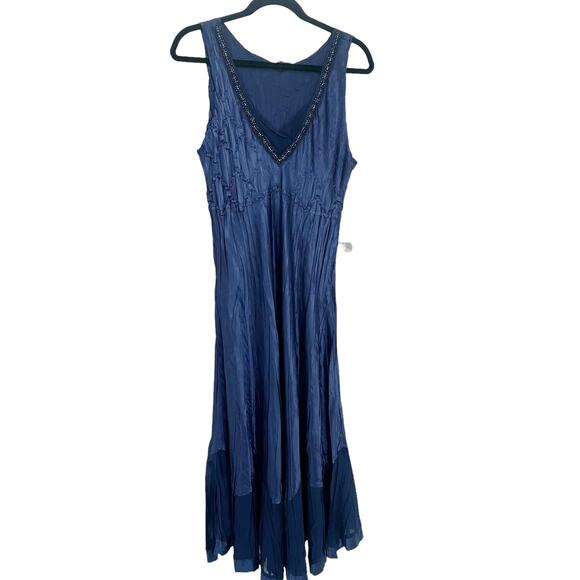 KOMAROV Women's Navy Beaded Charmeuse & Chiffon Tiered Midi Dress Size L NWT - Picture 7 of 13